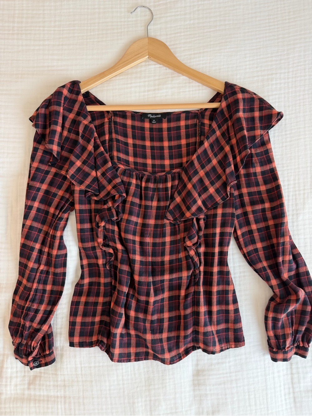 Madewell Red and Black Plaid Ruffle-Trim Long Sleeve Top